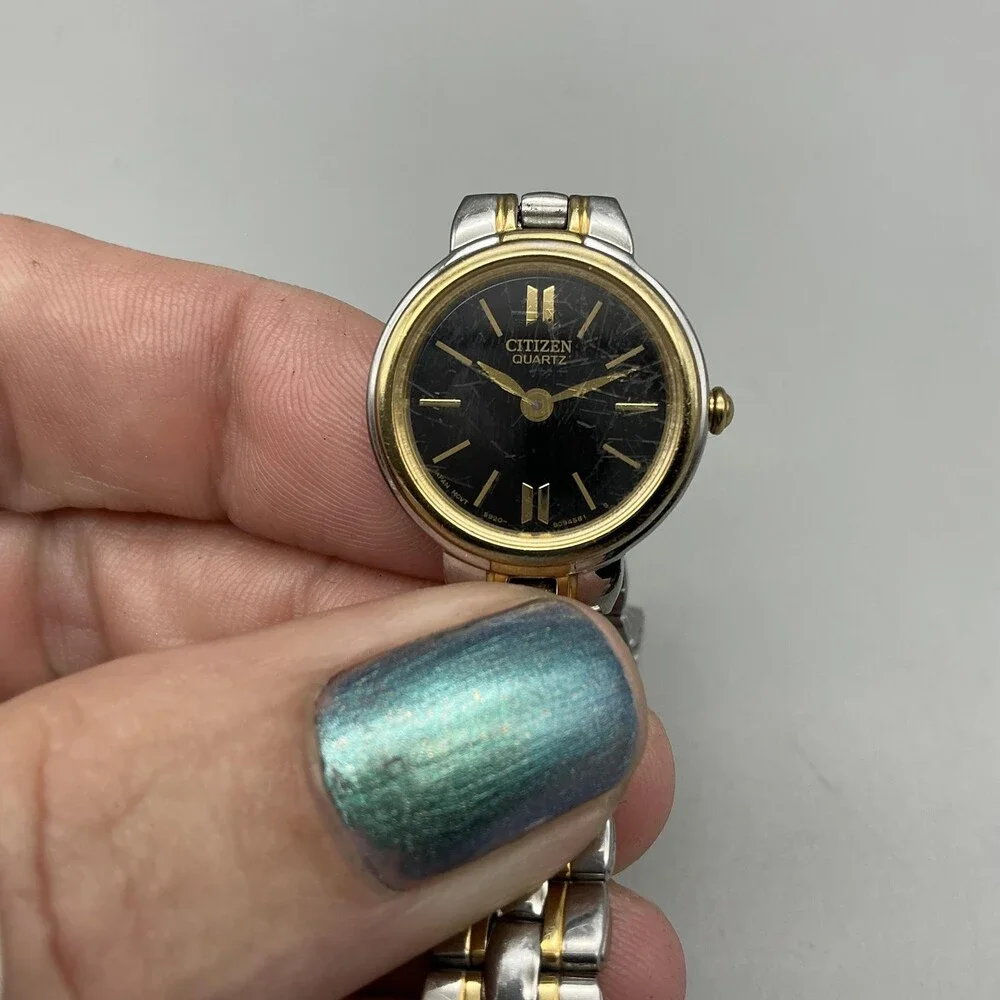 Vintage Citizen Womens Watch 21mm Black Round Dial Two Tone New Battery 6
